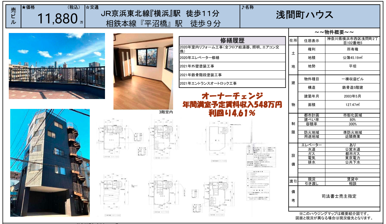 横浜駅徒歩11分 1棟収益ビル 11,880万